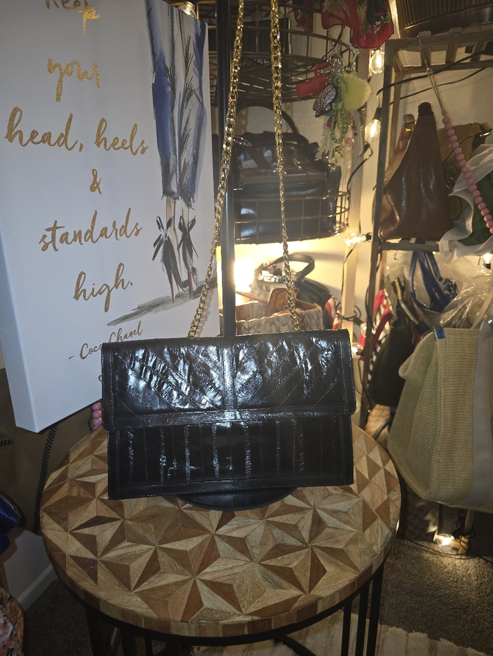 Victory Black Quilted Chain-Handle Shoulder Bag/Clutch 100% Eel Skin - Picture 2 of 14